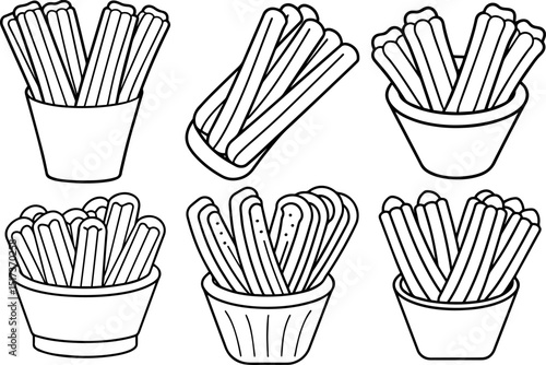 Set of churros outline coloring book page line art vector illustration