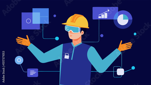 Interactive Model Manipulation An engineer using a VR headset interacting with a floating 3D digital twin of a construction project manipulating its features and viewing different