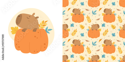 Autumn funny capybara and pumpkin seamless pattern
