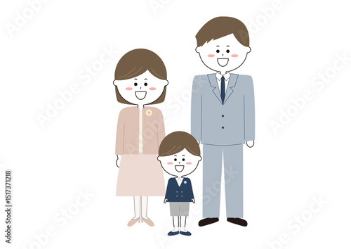 小学校入学式に行く父母と男の子のイラスト