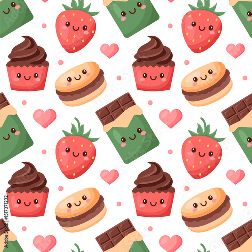 Seamless Pattern of Chocolate Desserts with Cakes and Melted Sweets in Flat Cartoon Style Illustration