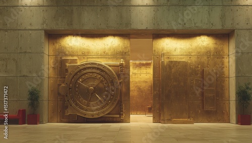 Gold vault entrance in modern concrete lobby