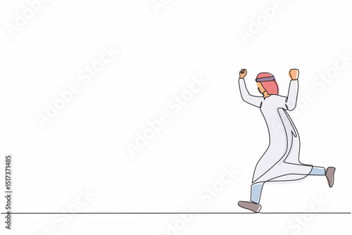 Single one line drawing happy Arabian businessman running. Business concept. Late for work. Successful man run for work. Business people. Modern continuous line draw design graphic vector illustration