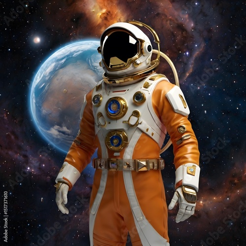 Astronaut in Orange Space Suit Against Earth and Galaxy Backdrop