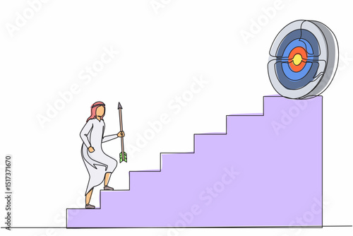 Single one line drawing Arab businessman holding arrow running up stairway to high target. Business concept growth and path to success. Career path. Continuous line design graphic vector illustration