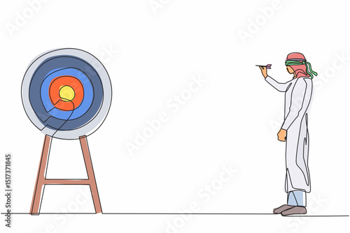 Single continuous line drawing Arabic businessman using blindfold and hit darts target. Confused blindfold businessman with question mark trying to hit target with dart. One line graphic design vector