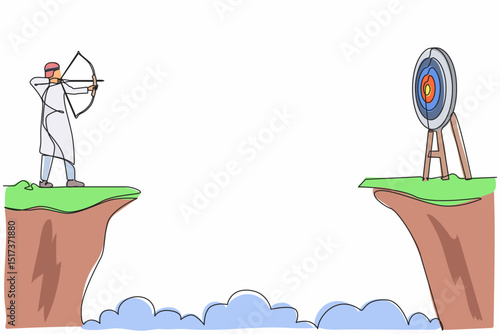 Single continuous line drawing Arab businessman standing on cliff with archer in hand. Business target goals. Man forced to successful. Shooting target with bow, arrow. One line graphic design vector