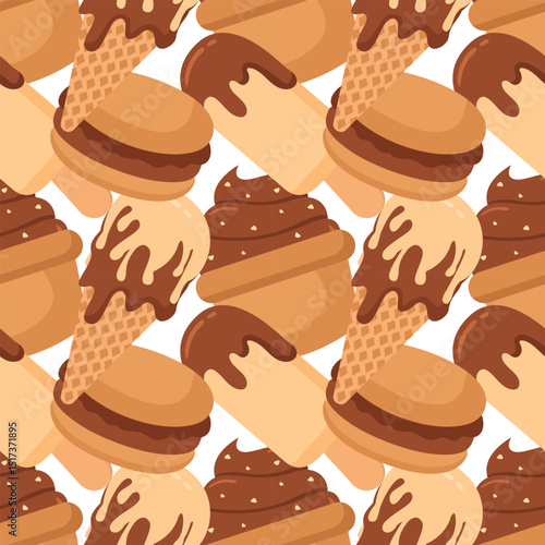 Seamless Pattern of Chocolate Desserts with Cakes and Melted Sweets in Flat Cartoon Style Illustration