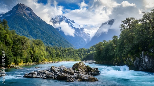 Majestic river flowing through a lush valley, framed by snow-capped mountains.