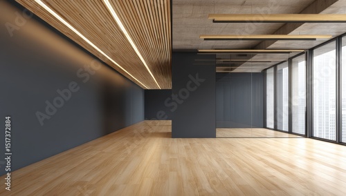 Empty modern office space with hardwood floors and dark walls