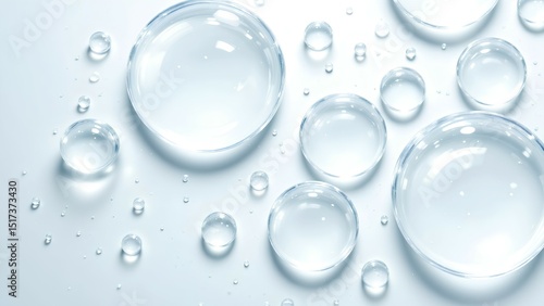 Clear water droplets on a smooth, light surface with reflections and a clean, fresh appearance.