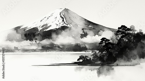 Monochrome Ukiyoe of Mt. Fuji/富士山のモノクロ浮世絵1