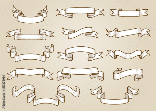 Collection of vintage decorative ribbons and banners on beige background