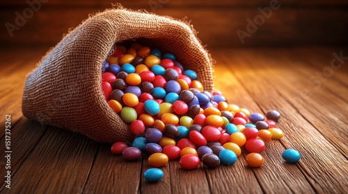 Colorful Candy Spilling from Burlap Sack on Wooden Table Surface