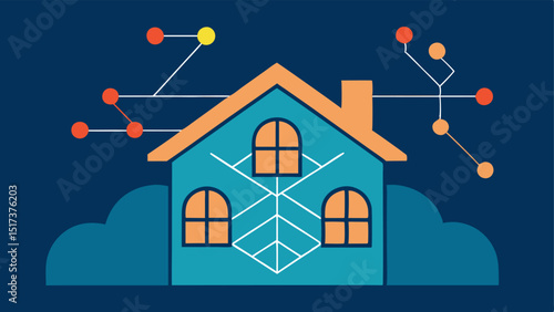 AI Learning Patterns A graphic showing a neural network overlay across a house symbolizing AI learning and adapting to normal activities to spot anomalies.