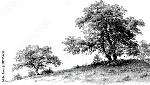 Grayscale landscape drawing of two trees on a hill