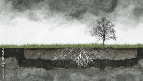 Cross-section view of roots, earth, and tree under stormy sky