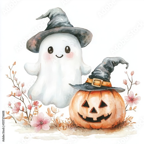 Watercolor Halloween ghost and pumpkin,