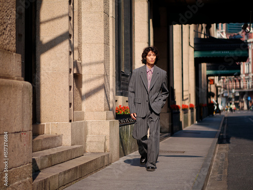 Portrait of handsome Chinese young man wearing gray suit walking in the street, young guy with black curly hair with urban background. Male fashion, cool Asian young man lifestyle.