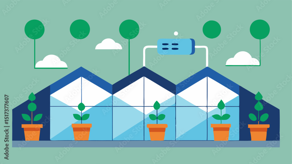 Fototapeta premium Automated Greenhouse An overhead view of a greenhouse with automated systems for temperature and humidity control monitored by AI for optimal growing conditions.