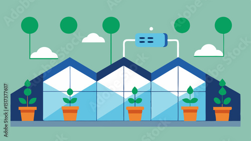 Automated Greenhouse An overhead view of a greenhouse with automated systems for temperature and humidity control monitored by AI for optimal growing conditions.