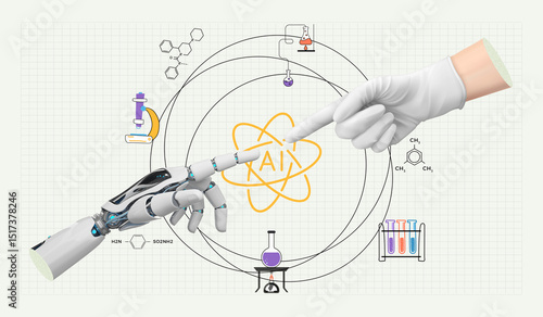Robot and Doctor fingers touching to AI icon, Health technology concept, Human and robotic collaboration, Contemporary art collage