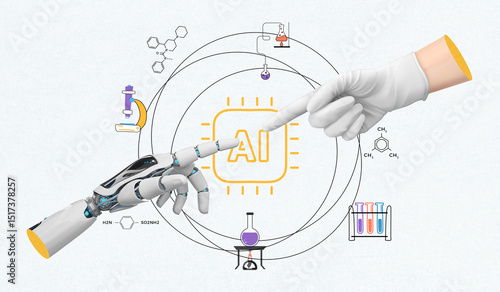 Robot and Doctor fingers touching to AI icon, Technological innovation in healthcare, AI research laboratory concept, Modern art collage