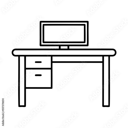 Simple black and white illustration of a computer desk with a monitor icon