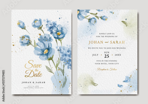Watercolor wedding invitation template with blue floral and gold splatter