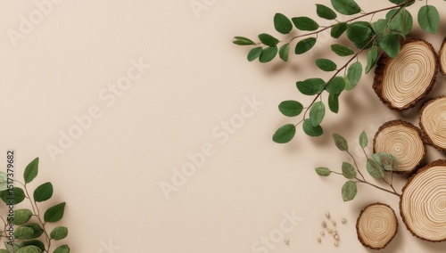 Wallpaper Mural Beige surface with wood slices and greenery Torontodigital.ca