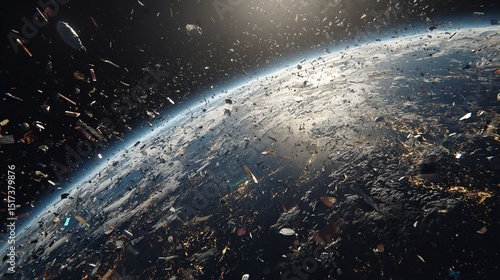 Fototapeta Naklejka Na Ścianę i Meble -  A Dystopian future where earth is filled with floating space debris due to pollution and neglect