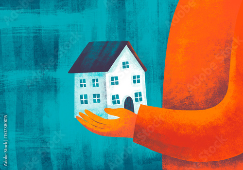 Holding a small house in a warm and vibrant manner