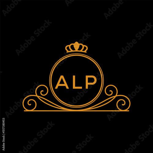 ALP Luxury Monogram Logo Design with Crown and Swirl Ornament. ALP Royal Elegant Initial Emblem.

