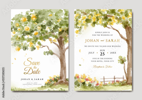 Watercolor wedding invitation of nature landscape with tree and yellow flowers