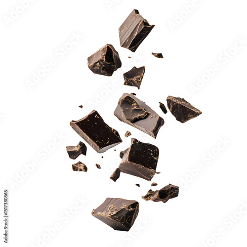 Falling dark chocolate pieces isolated on transparent background
