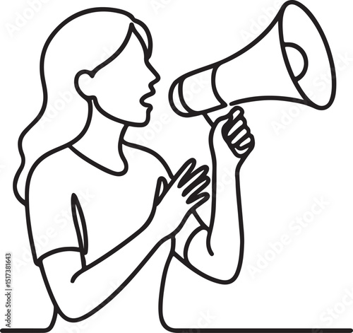 one line art female with megaphone minimalist woman announcement vector illustration.