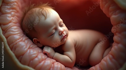 Little human baby inside mother womb. Small embryo in uterus. Cute unborn child sleep in belly. Origin beginning of life concept. Woman pregnancy. Tiny innocent infant grow. Childbirth medical science