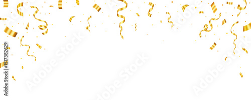 Confetti and ribbons falling on transparent background for celebration and party design elements. Realistic golden confetti isolated vector illustration