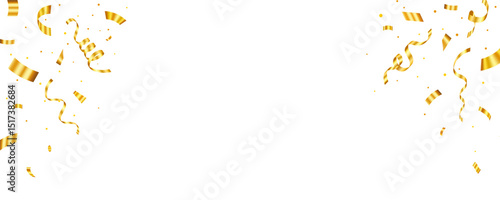 Gold confetti and ribbon. Confetti celebration party background. Falling shiny golden confetti isolated on transparent background. Vector illustration