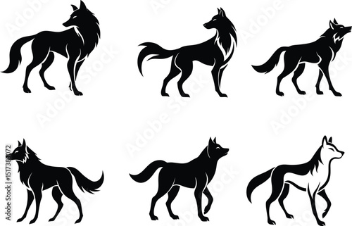 Wolf icon set with elegant curves, great for tattoos, logos, branding or fashion use.