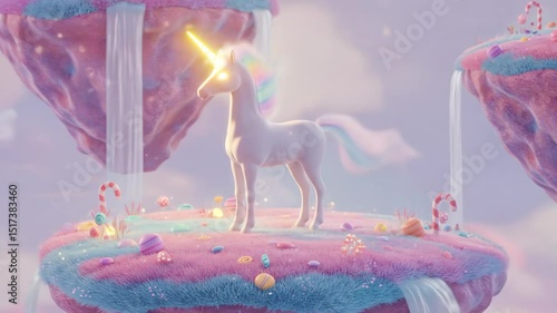 Magical unicorn on floating candy island
