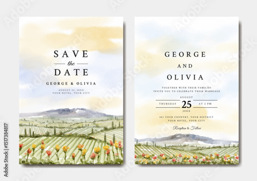 Wedding invitation set of nature landscape with flowers and vineyard watercolor