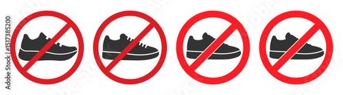No shoes icon symbol set. Shoes not allowed, remove footwear sign logo. Prohibition, prohibited, forbid. Vector illustration. Isolated on white background.