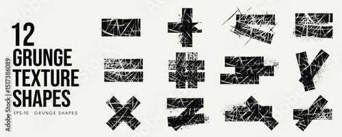 Grunge Graffiti Halftone Texture Elements Set Abstract Geometric Shapes. Ink Spray Horror Borders. Glitch Distortion.  Noise Overlay And Distressed Vector Effects