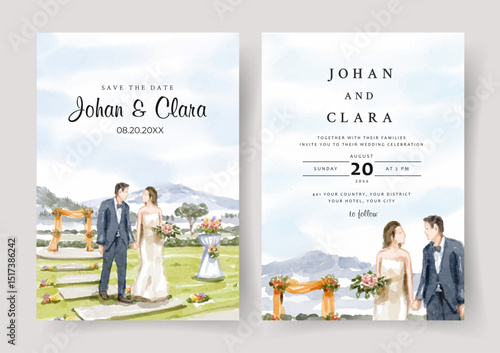 Wedding invitation with a couple and wedding gate watercolor