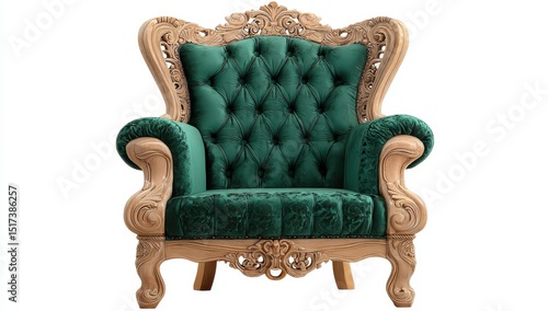 Ornate wooden chair with emerald green velvet upholstery