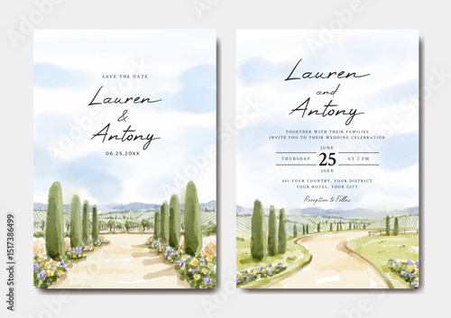 Wedding invitation set with beautiful flowers and vineyard watercolor