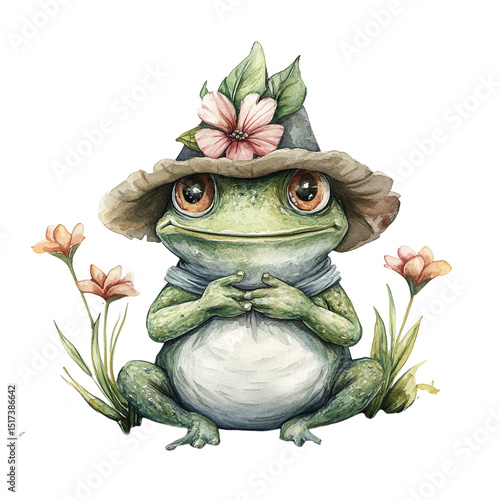 frog in the garden  vector illustration ,watercolor texture