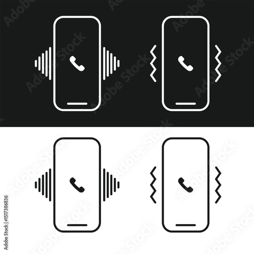 vibration and ringing phone vector icons on white and black background. stock illustration 