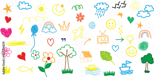 Colorful childlike doodle collection. Cute hand drawn elements like heart, star, rainbow, flower, leaf, cloud, sun, moon etc on White Background.
